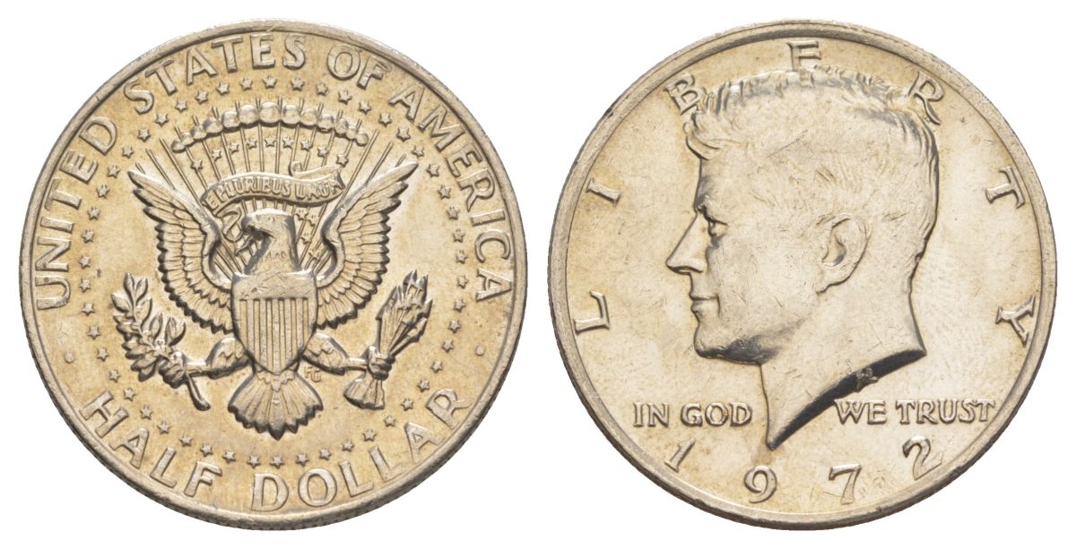 США 1/2 доллара (50 центов) 1972 Джон Кеннеди KM 202b медь плакированная медно-никелем aUNC 4149-1134