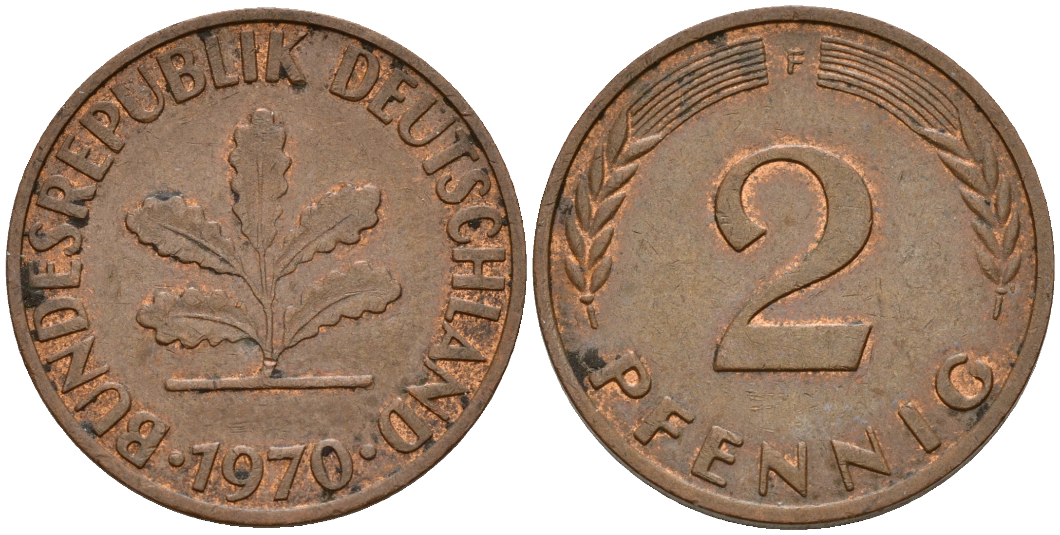 ФРГ 2 пфеннига 1970 F J.381a, KM 106a сталь плакированная медью    4598-761