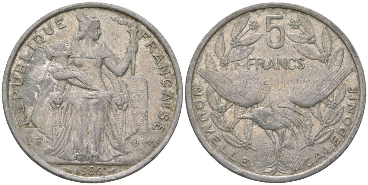Французская Новая Каледония 5 франков 1986 птица кагу, (IEOM) KM 16, Schoen 12, Lec 76 алюминий 180-541