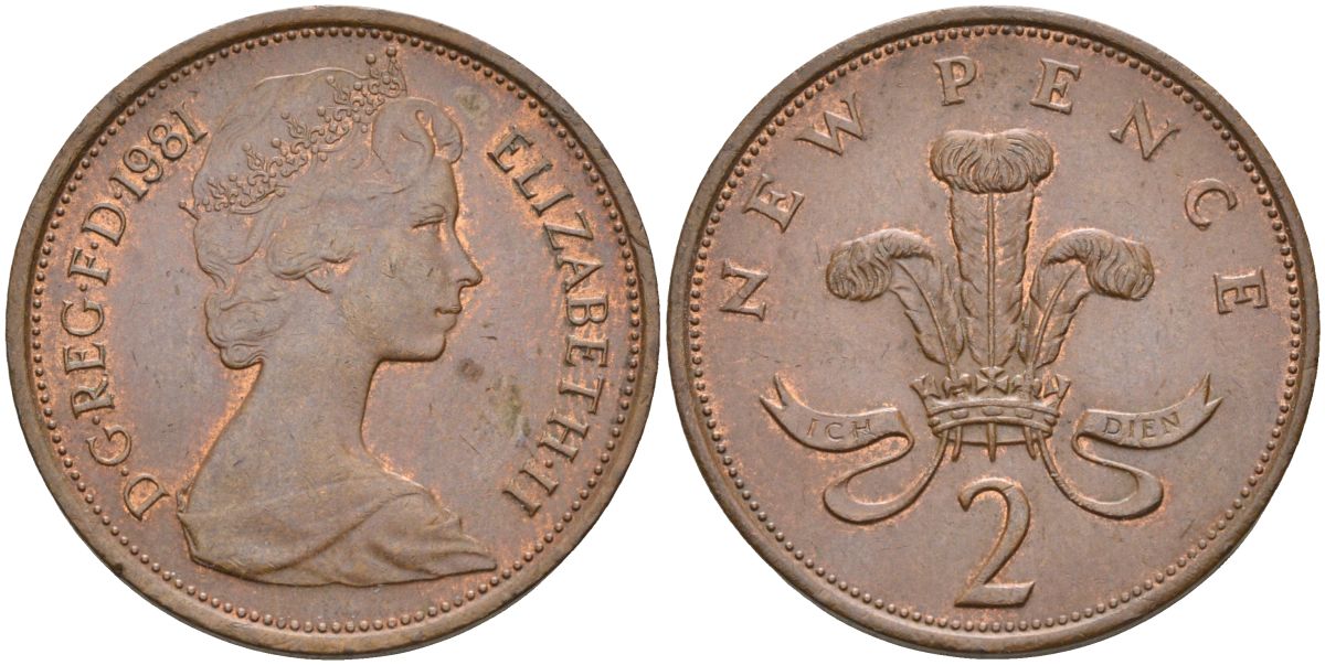 Великобритания 2 пенса 1981 Елизавета II (1952-2022) KM 916, Spink 4235 (C1) бронза 4116-742