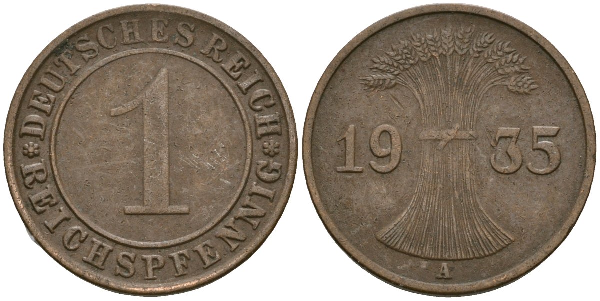 Германия 1 рейхспфенниг 1935 A KM 37, J. 313 бронза 4528-429