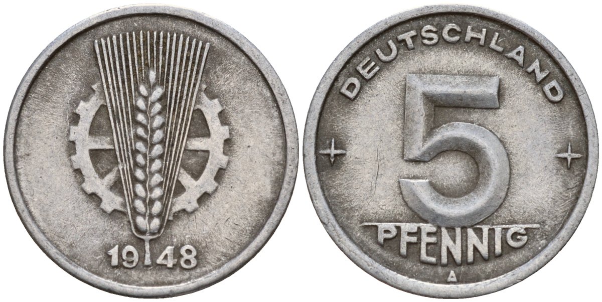 ГДР 5 пфеннигов 1948 A KM 2 алюминий 201-1042