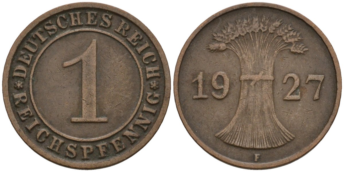 Германия 1 рейхспфенниг 1927 F KM 37, J. 313 бронза 4124-563