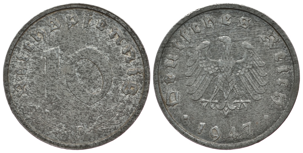Германия 10 рейхспфеннигов 1947 F, оккупация Германии союзными войсками J. 375, KM A104 цинк 413-521