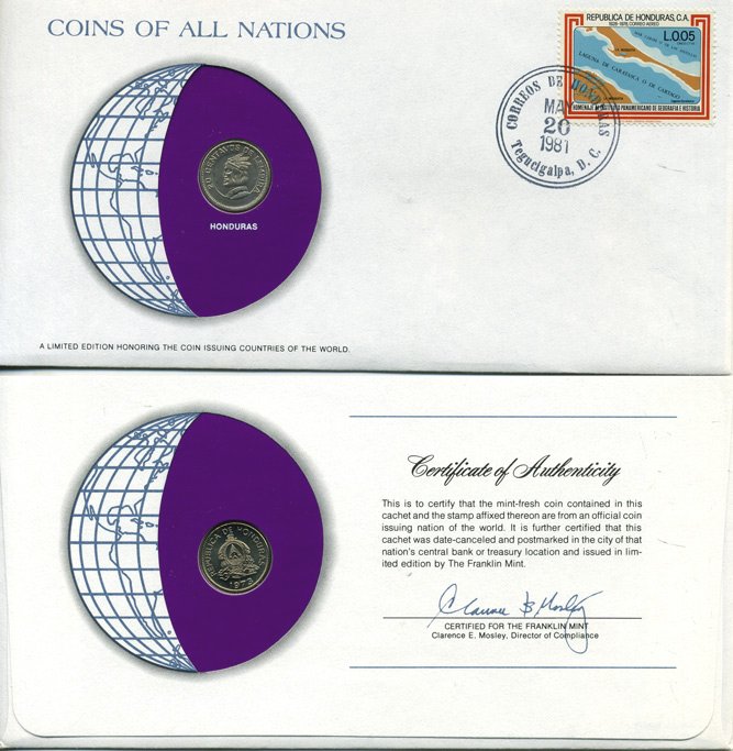 Гондурас 20 сентаво 1973 конверт с маркой первого дня гашения, Coins of Nations KM 81 медно-никель UNC 4294-36-1