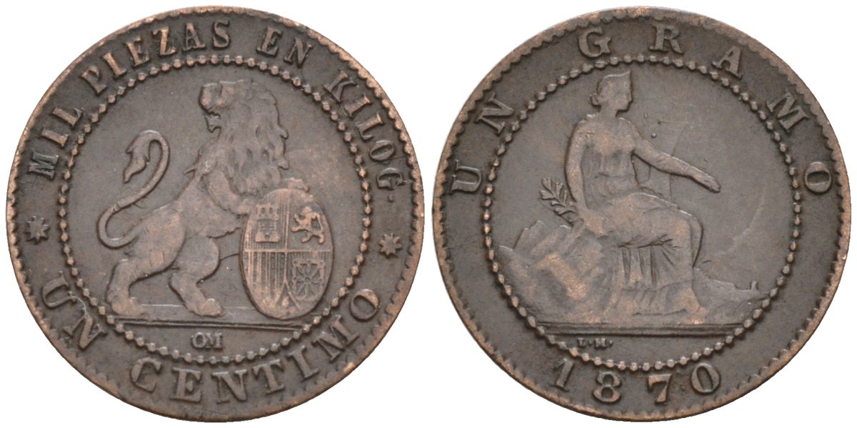 Испания 1 сентимо 1870 ОМ, временное правительство (1869-1874) KM 660 медь 4576-334