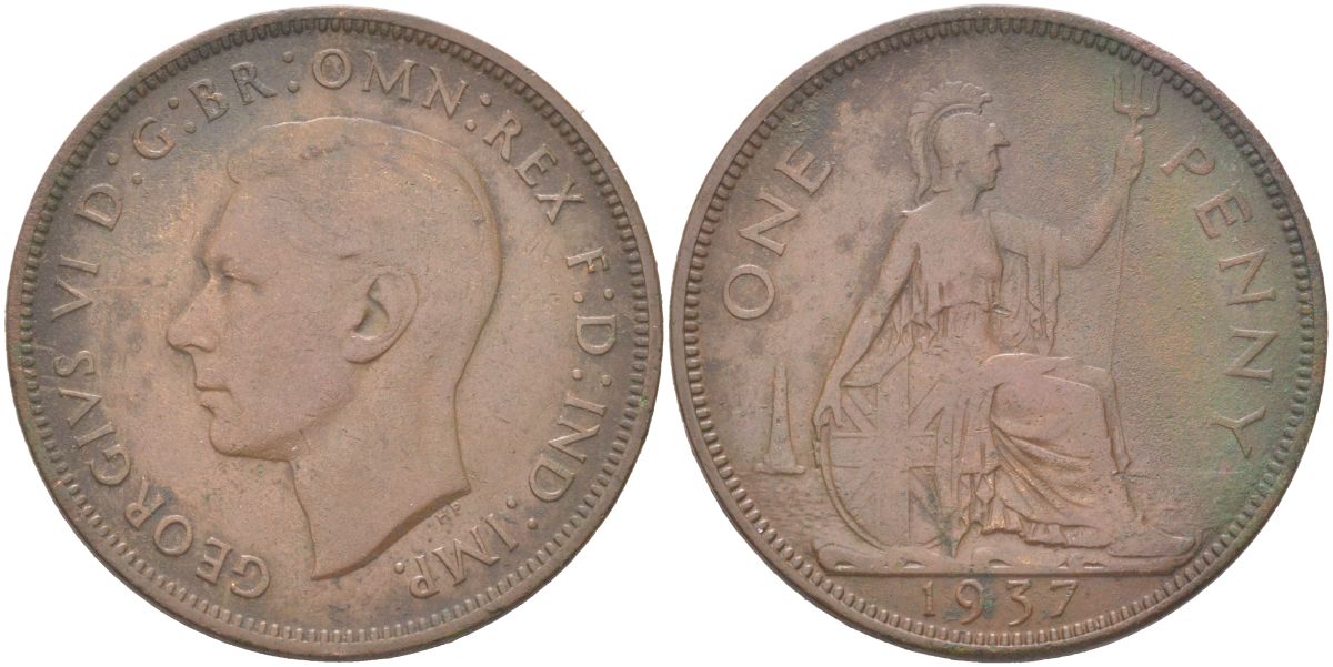 Великобритания 1 пенни 1937 Георг VI (1936-1952) KM 845, Spink 4114 бронза 4165-243