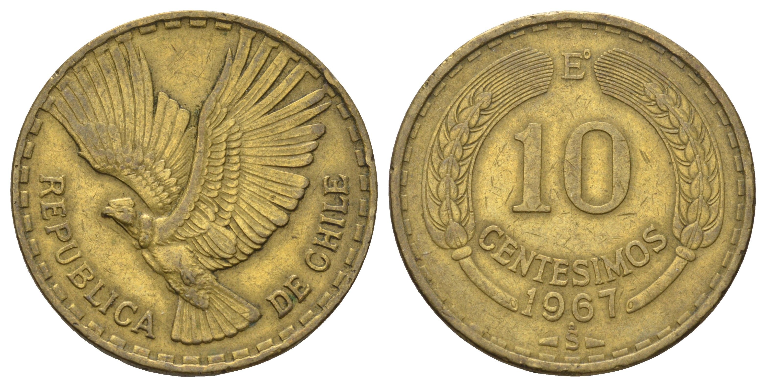 Чили 10 сентесимо 1967 KM 191 алюминиевая бронза 4161-347