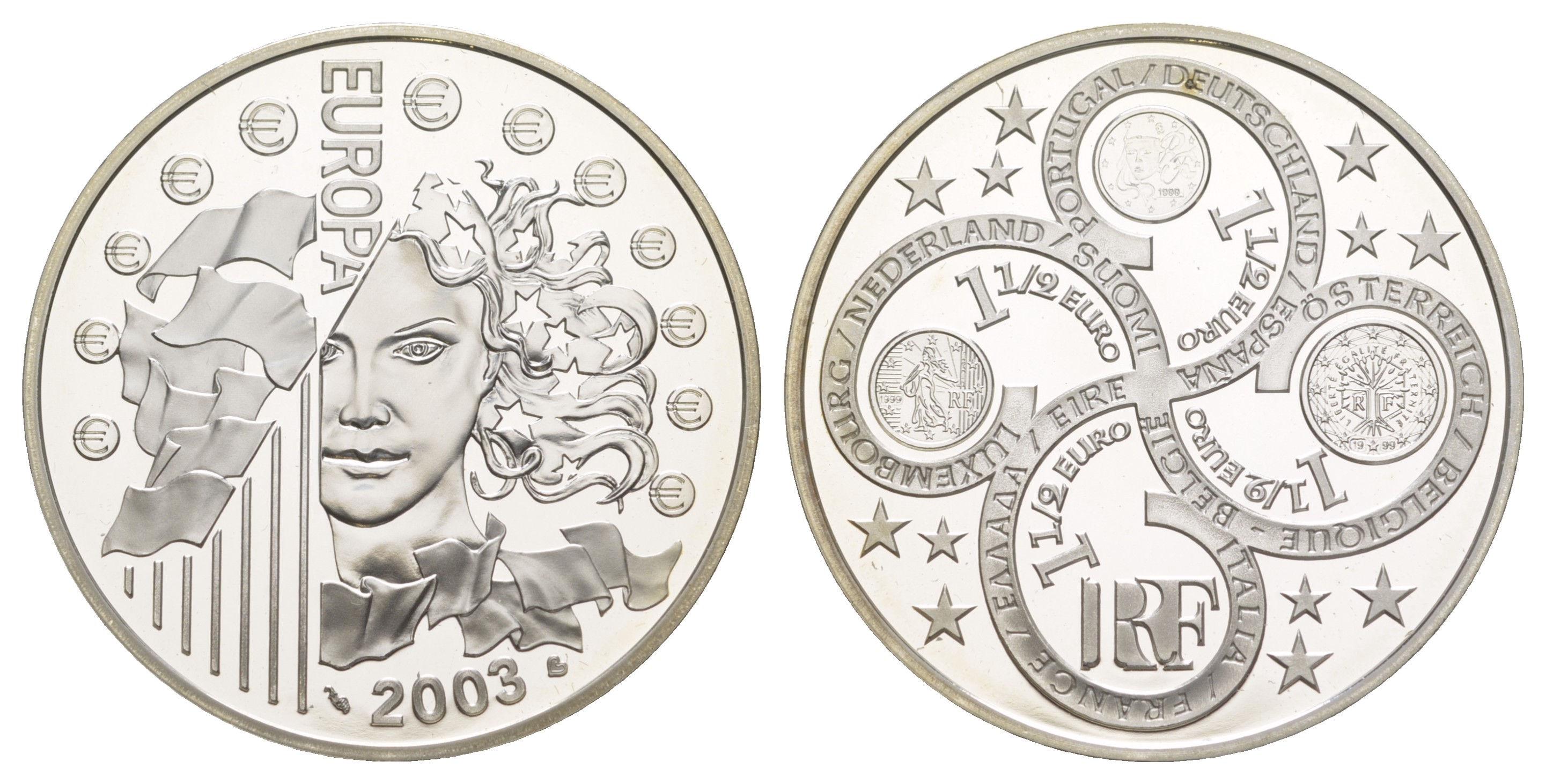 Франция 1 1/2 евро 2003 первая годовщина введения евро, в оригинальной коробке, сертификат KM 1338 серебро  PROOF  1-6-4-32