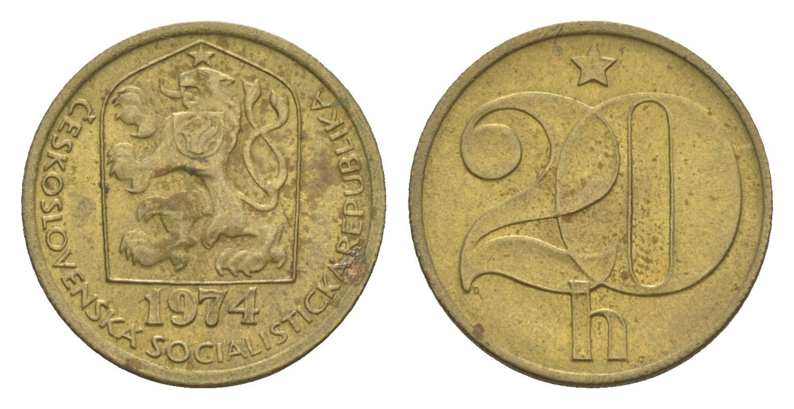 Чехословакия 20 геллеров 1974 KM 74 латунь 4396-1228