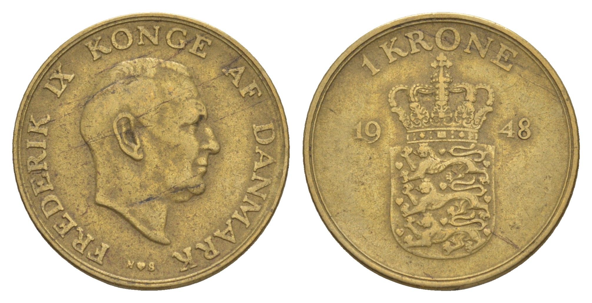 Дания 1 крона 1948 N, Фредерик IX (1947-1972) KM 837 алюминиевая бронза 4638-712