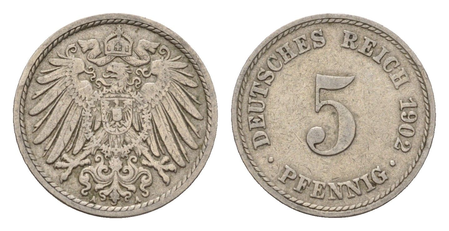 Германия 5 пфеннигов 1902 A, Вильгельм II (1888-1918) KM 11, J. 12 медно-никель 4632-1245