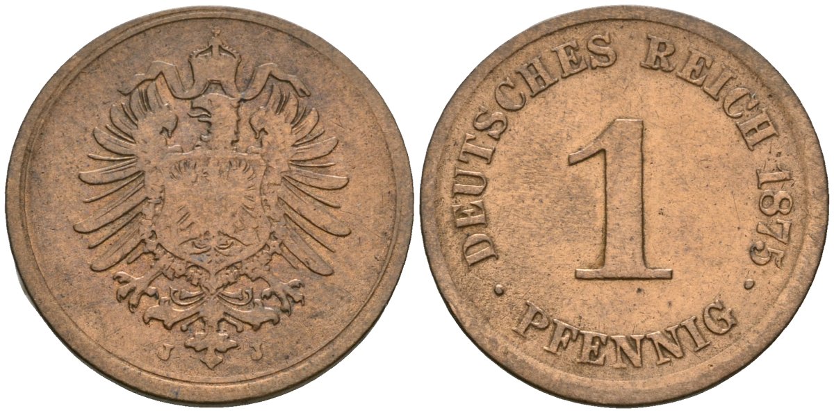 Германия 1 пфенниг 1875 J, Вильгельм I (1871-1888) KM 1, J. 1 медь 4547-637