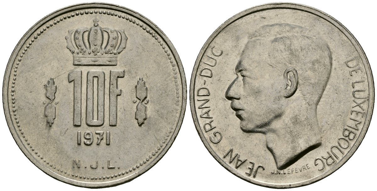 Люксембург 10 франков 1971 Великий герцог Жан (1964-2000) KM 57 никель 4120-825