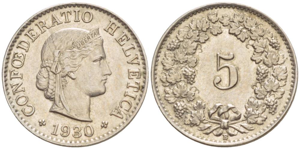 ШВЕЙЦАРИЯ 5 РАППЕНОВ 1930 В KM 26 медно-никель 4532-927