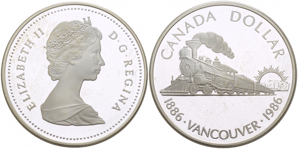 Канада 1 доллар 1986 100 лет Ванкуверу, паровоз KM 149 серебро PROOF 1068-4-64