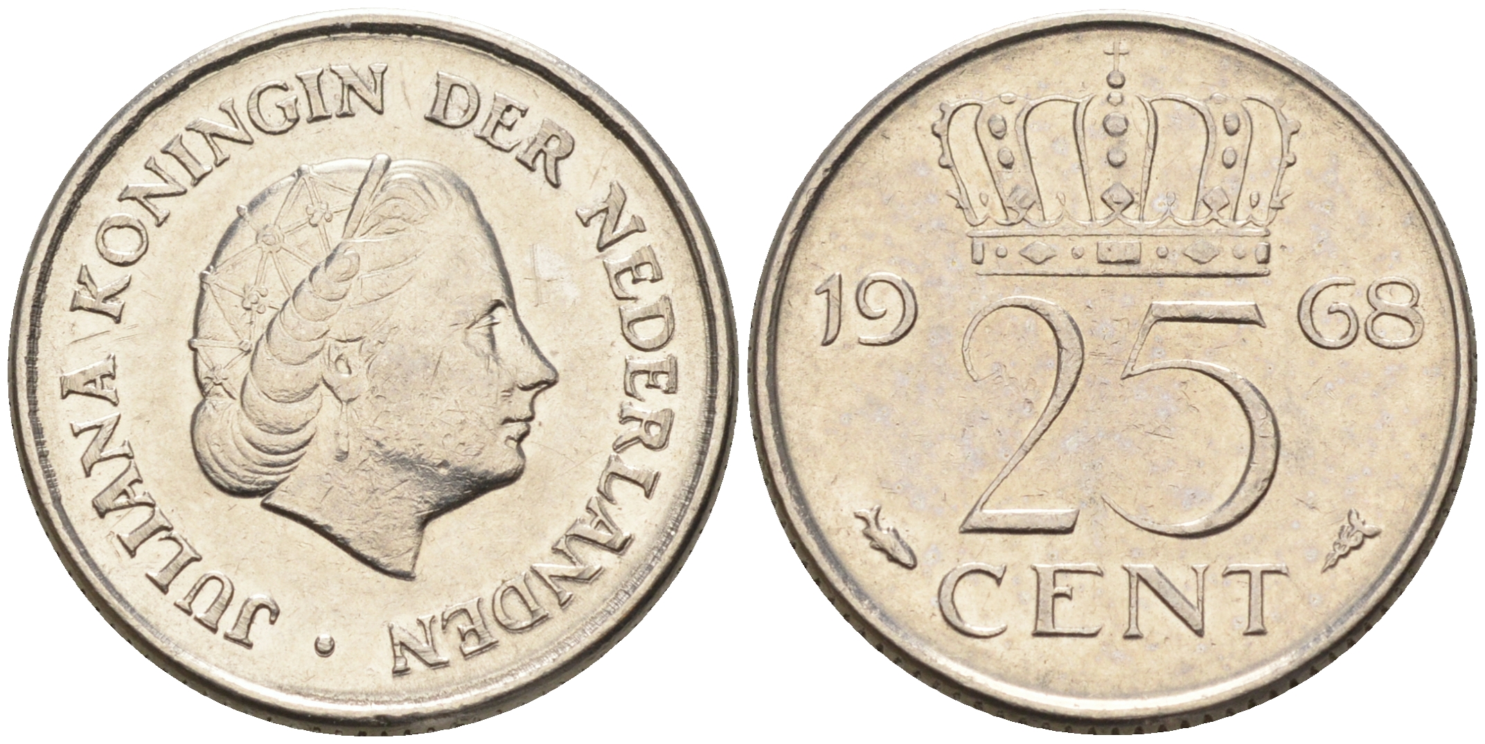 Нидерланды 25 центов 1968 Юлиана (1949-1980) KM 183 никель    4174-654