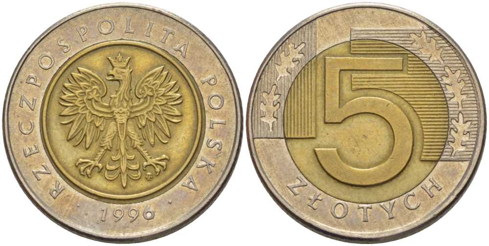 Польша 5 злотых 1996 MW KM 284 биметалл 93-444