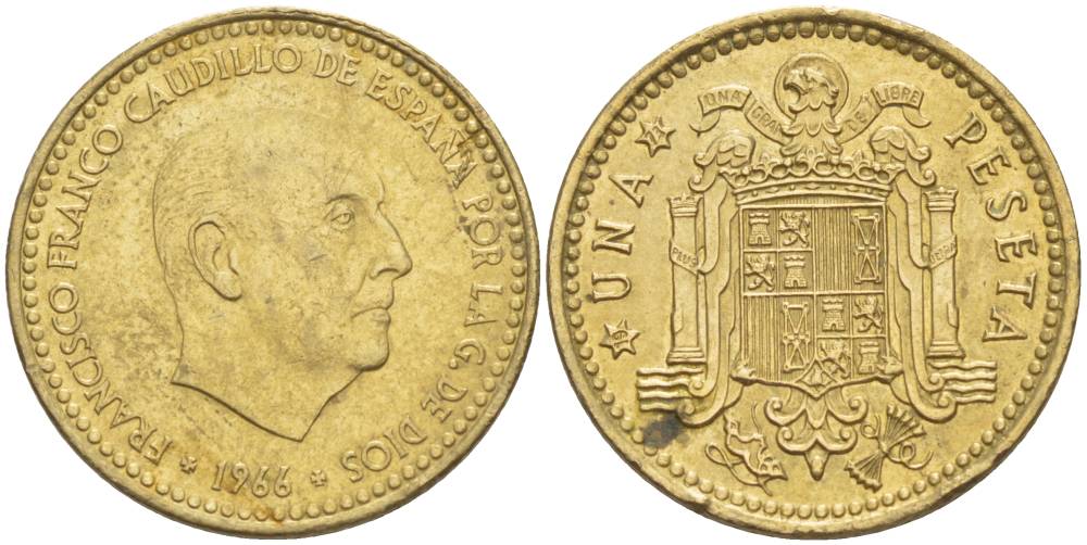 ИСПАНИЯ 1 ПЕСЕТА 1966 (73) ФРАНСИСКО ФРАНКО ДИКТАТОР ИСПАНИИ (1939-1975) KM 796 алюминиевая бронза 4551-616