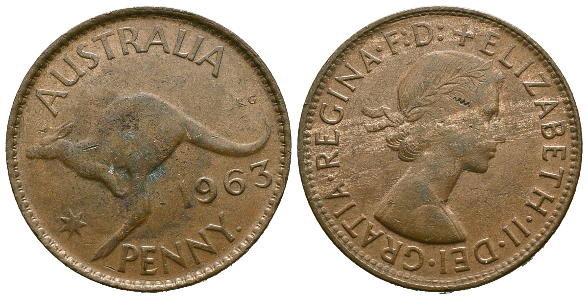 АВСТРАЛИЯ 1 ПЕННИ 1963 p, ЕЛИЗАВЕТА II (1953-), КЕНГУРУ KM 56 бронза 4385-331