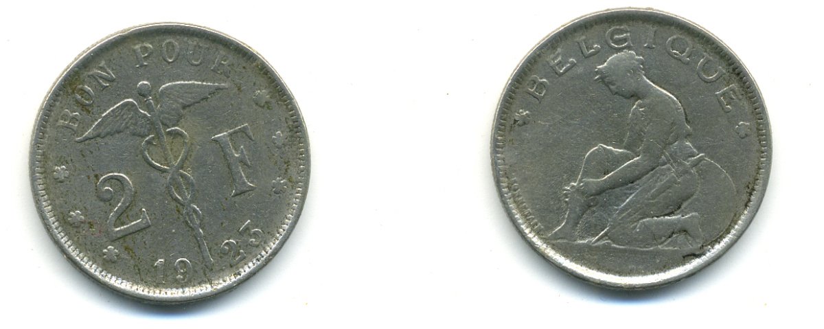 БЕЛЬГИЯ 2 ФРАНКА 1923 BELGIQUE KM 91.1 никель 83-1046