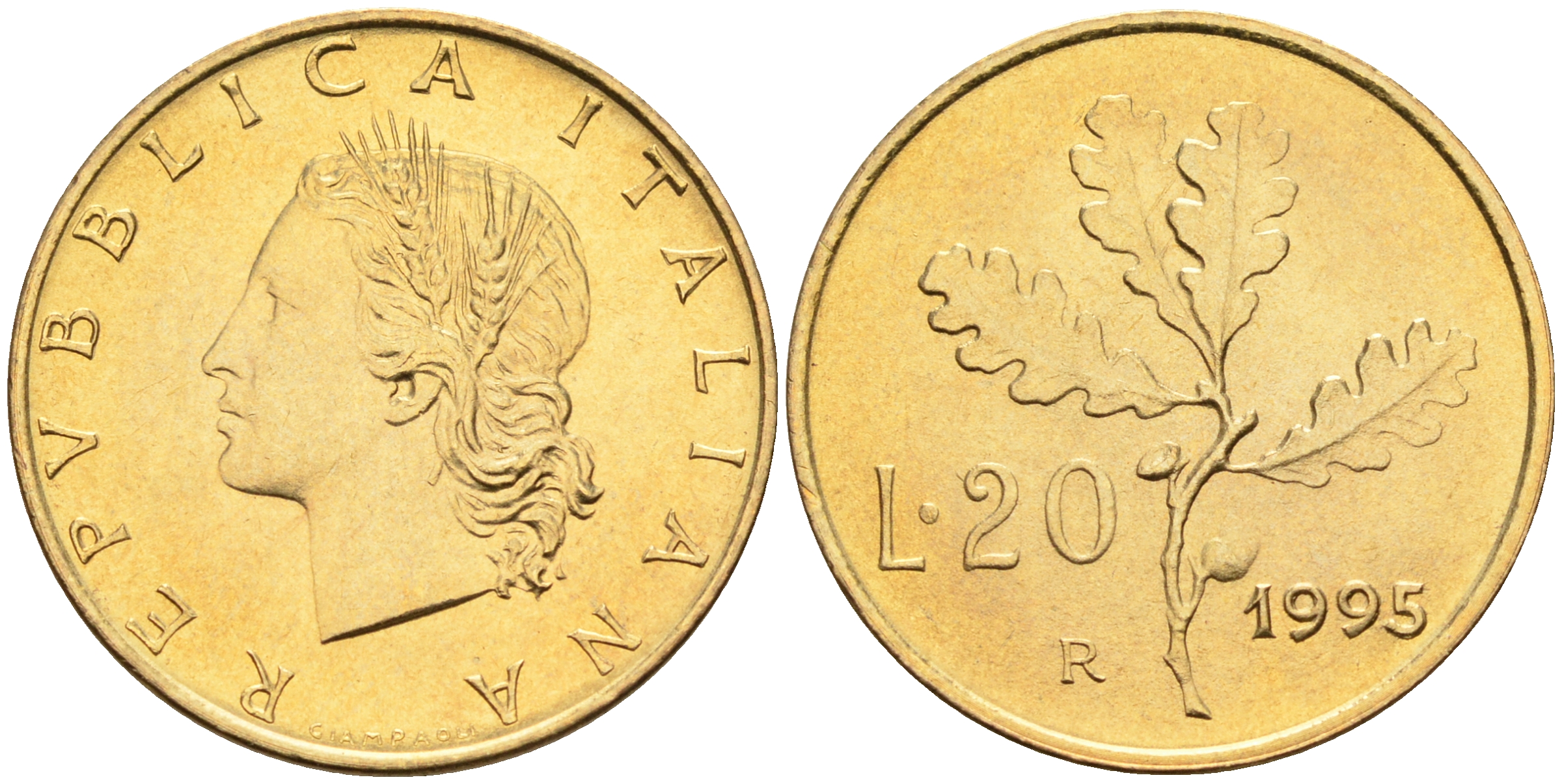 Италия 20 лир 1995 R, дубовый лист KM 97.2 алюминиевая бронза  UNC  4594-1014