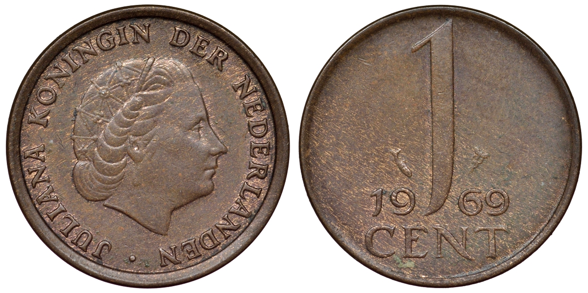 Нидерланды 1 цент 1969 Юлиана KM 180 бронза 71-1067