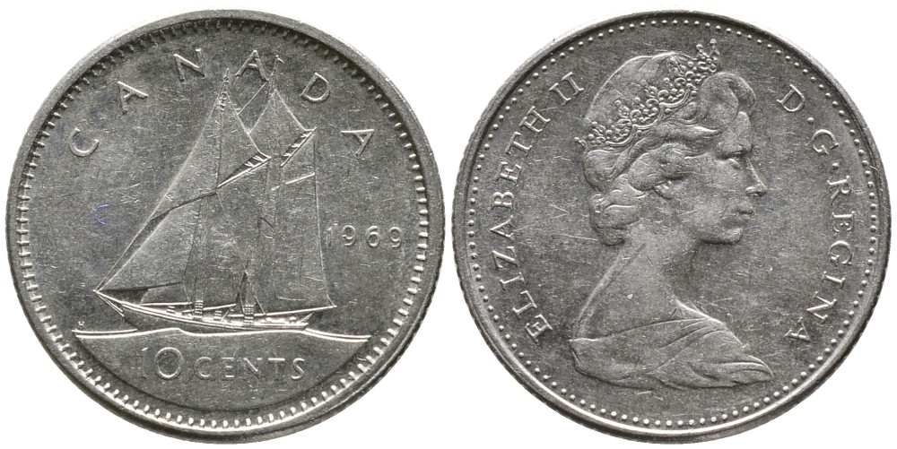 КАНАДА 10 ЦЕНТОВ 1969 ЕЛИЗАВЕТА II (1952-), ПАРУСНИК, ВТОРОЙ ПОРТРЕТ В КОРОНЕ KM 77.1 никель 4532-813