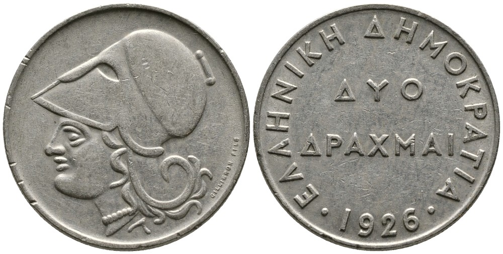 Греция 2 драхмы 1926 Афина в шлеме KM 70 медно-никель 4531-345