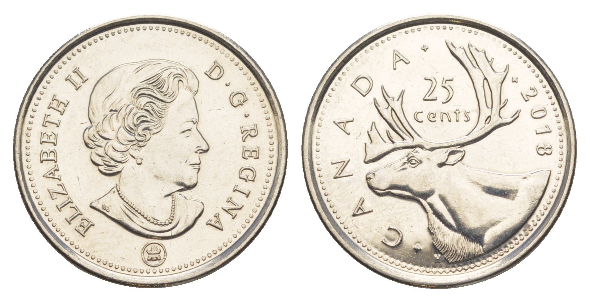 Канада 25 центов 2018 Leaf, Елизавета II (1952-2022), олень KM 493 сталь плакированная никелем UNC 4637-847