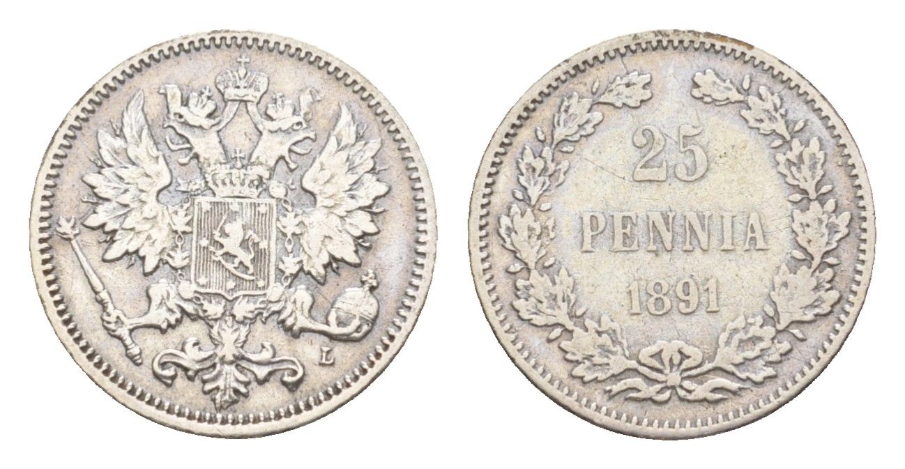 Россия для Финляндии 25 пенни 1891 L, Александр III (1881-1894) Биткин 240 серебро 1530-924