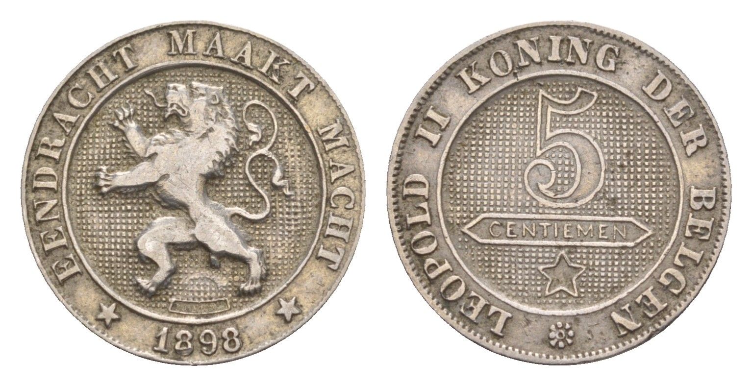 Бельгия 5 сантимов 1898 Der Belgen, Леопольд II (1865-1909) KM 41 медно-никель 4658-761