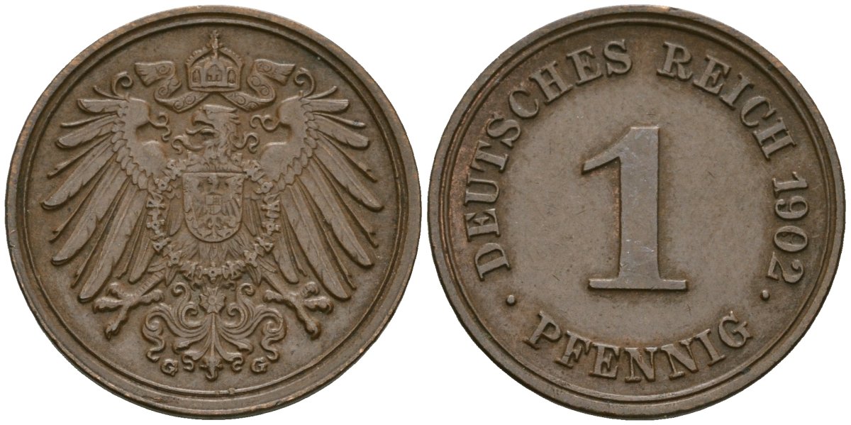 Германия 1 пфенниг 1902 G, Вильгельм II (1888-1918) KM 10, J. 10 медь 1524-912