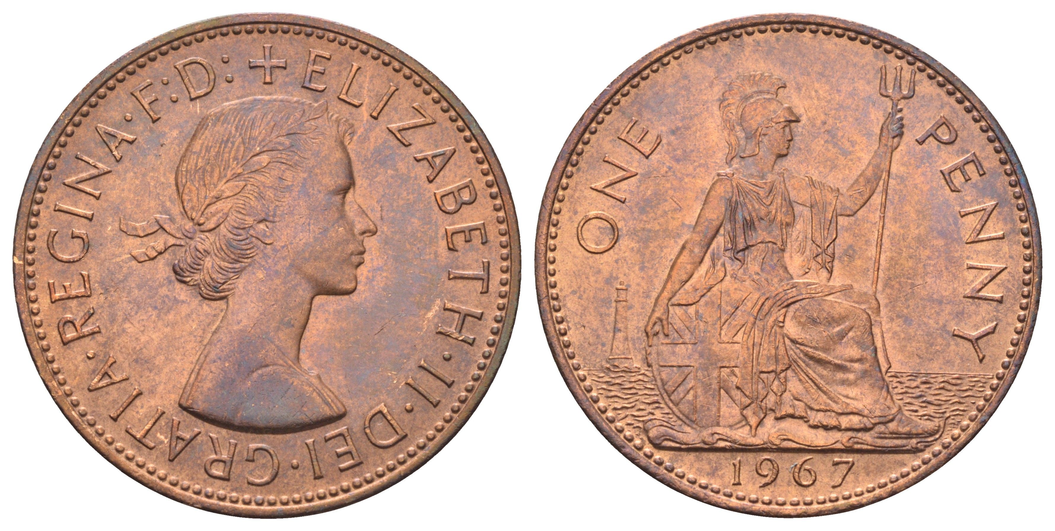 Великобритания 1 пенни 1967 Елизавета II (1952-2022) KM 897, Spink 4157 бронза UNC 4692-625
