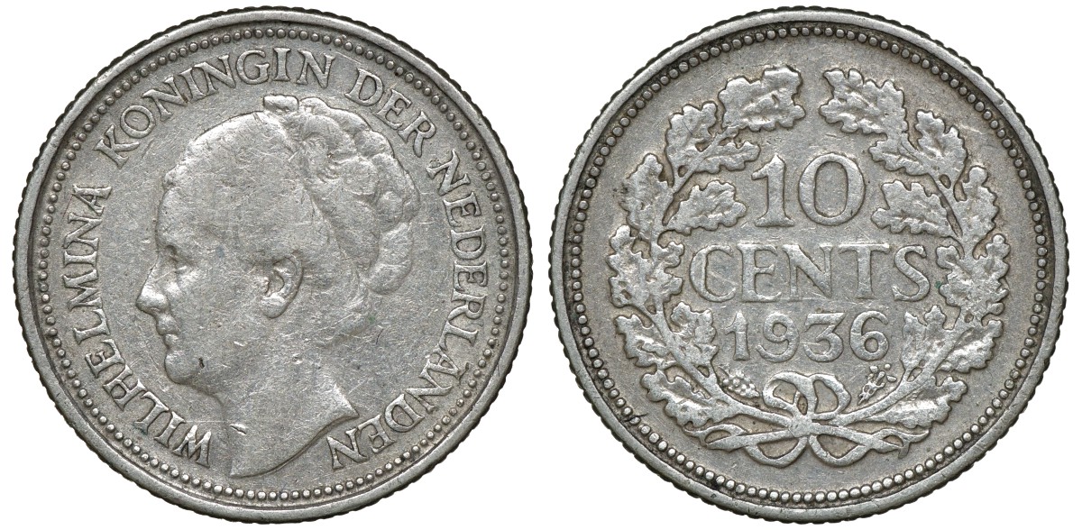 Нидерланды 10 центов 1936 Вильгельмина I (1890-1948) КМ 163 серебро 72-1653