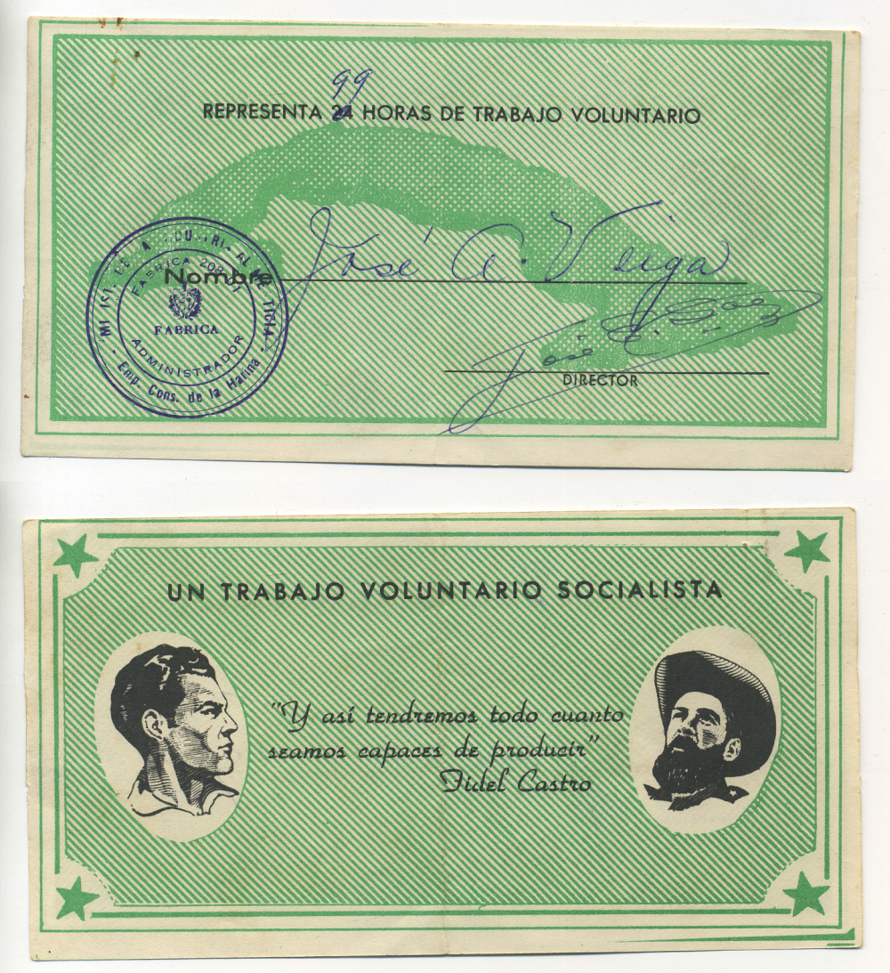 Куба фабричная карточка ND на 99 часов волонтерского социалистического труда, фабрика EMP. CONS. de la HARINA, субботник   бумага   6279-37-1-2