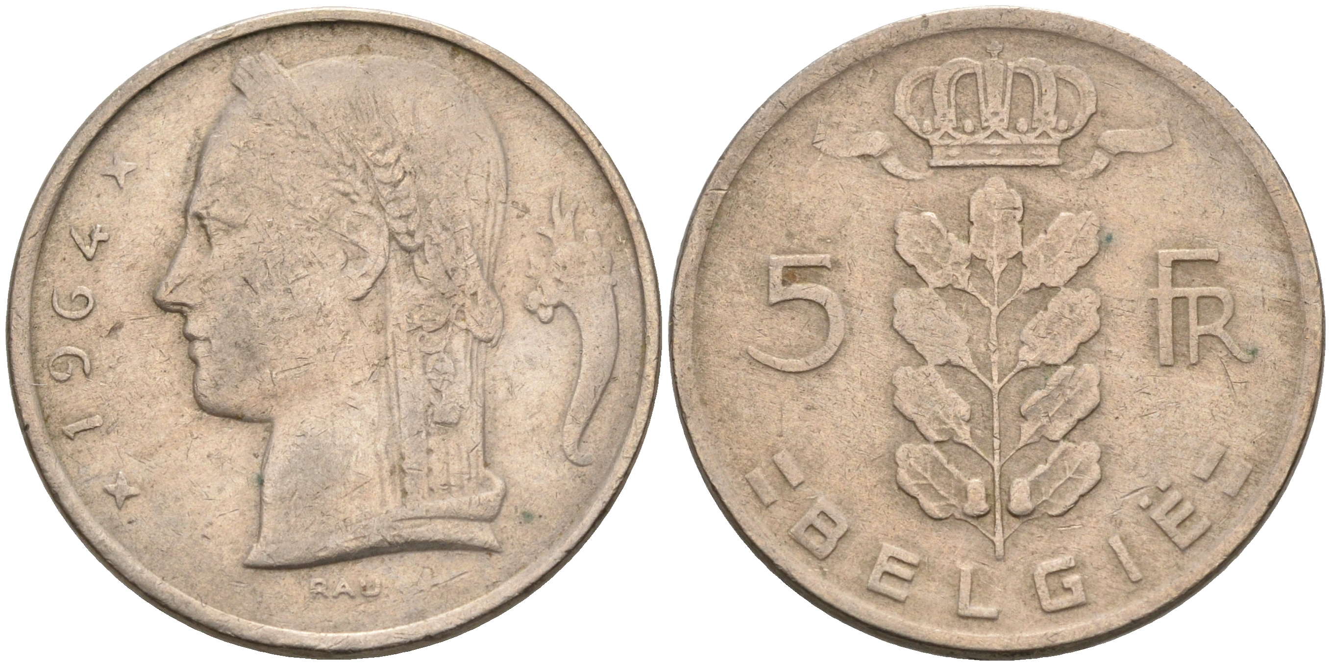 Бельгия 5 франков 1964 Belgie, Бодуэн I (1951-1993) KM 135.1 медно-никель 92-417