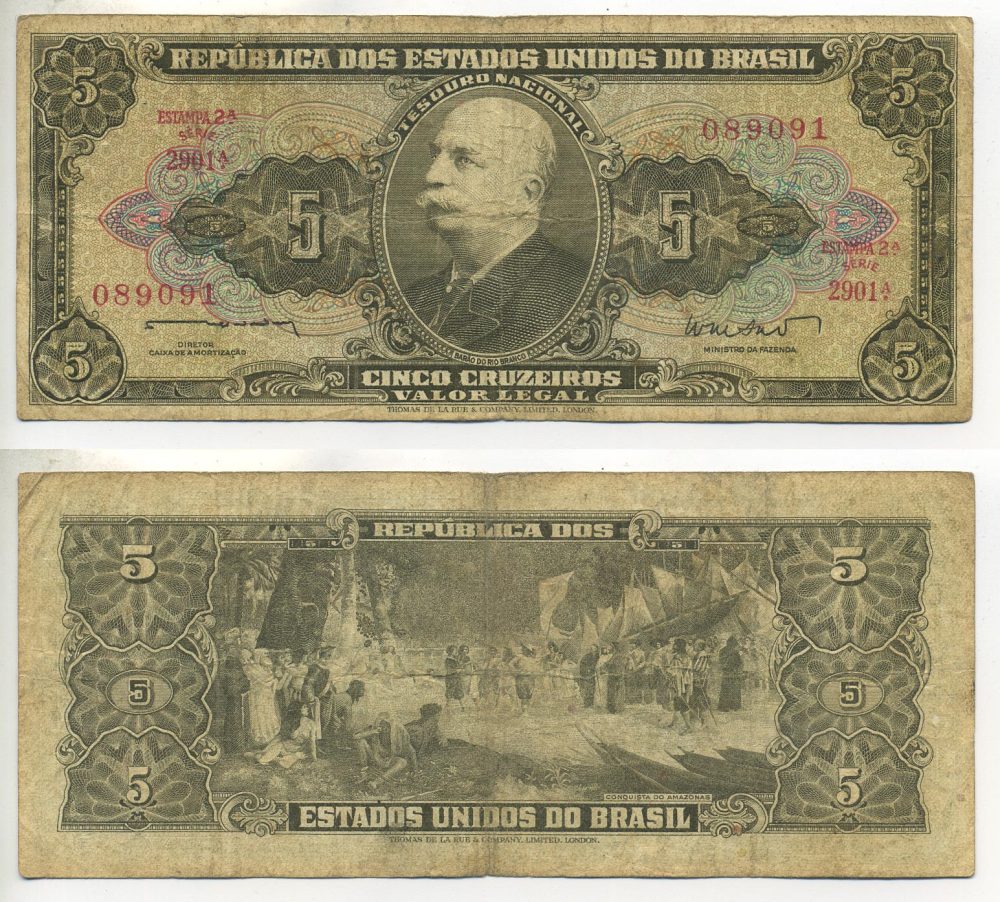 БРАЗИЛИЯ 5 КРУЗЕЙРО 1962 ПОДПИСЬ 11, БАРАО ДО РИО БРАНКО Pick 176a бумага 7548-51-3