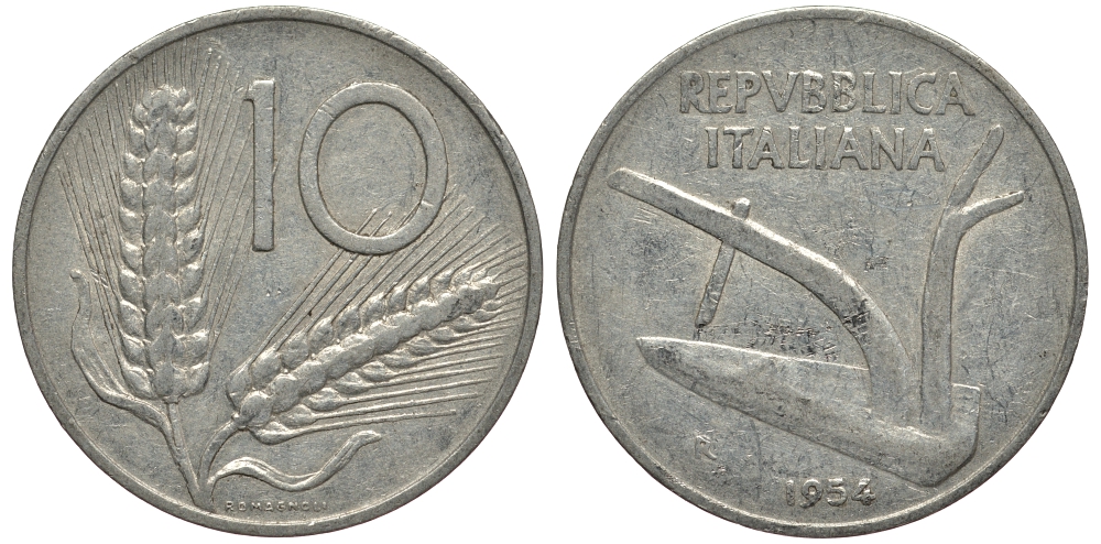 ИТАЛИЯ 10 ЛИР 1954 R, КОЛОСЬЯ, ПЛУГ KM 93 алюминий VG 4182-522