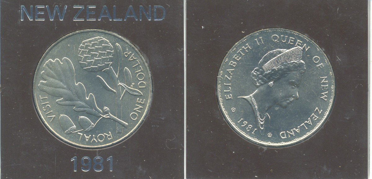 Новая Зеландия 1 доллар 1981 Королевский визит, английский дуб, Елизавета II (1952-2022), в оригинальной пластиковой упаковке KM 50 медно-никель UNC 3-4-9-22