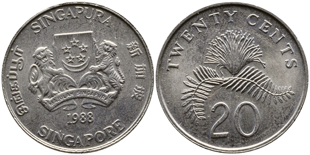 Сингапур 20 центов 1988 KM 52 медно-никель 4382-1127