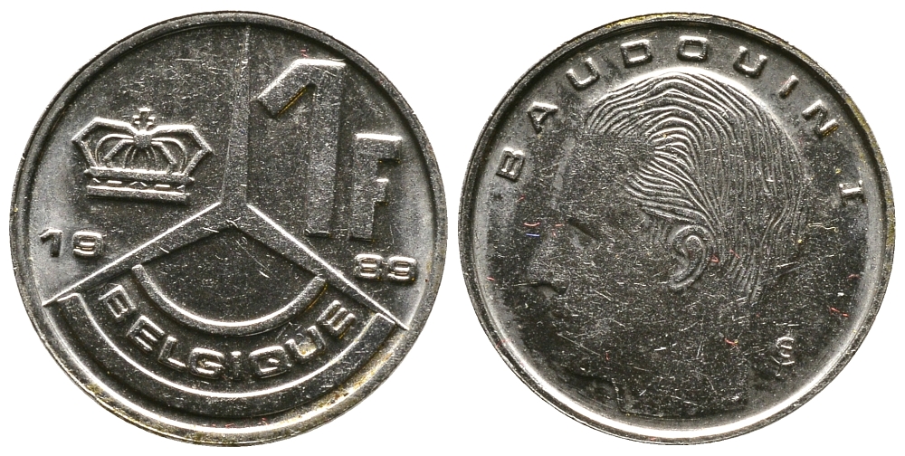 Бельгия 1 франк 1989 Belgique, Бодуэн I (1951-1993) KM 170 железо плакированное никелем 83-436