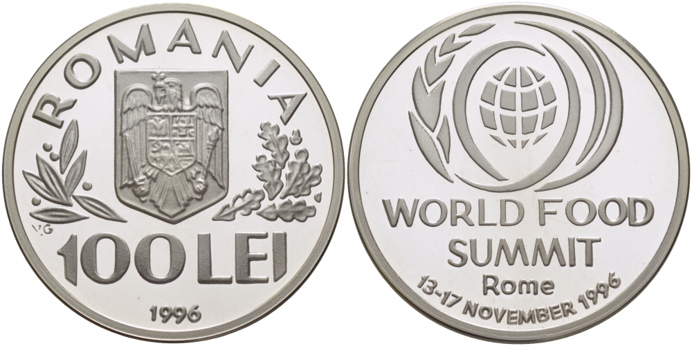 Румыния 100 леев 1996 FAO, мировой саммит продовольствия в Риме ​KM 133 серебро PROOF 11-173-42