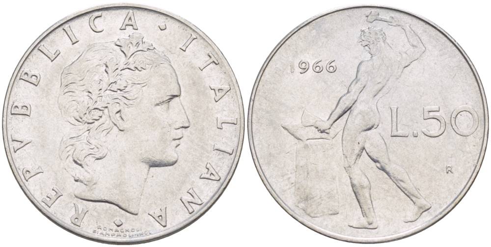 ИТАЛИЯ 50 ЛИР 1966 R, БОГ ОГНЯ ВУЛКАН У НАКОВАЛЬНИ KM 95.1 нержавеющая сталь 4551-346