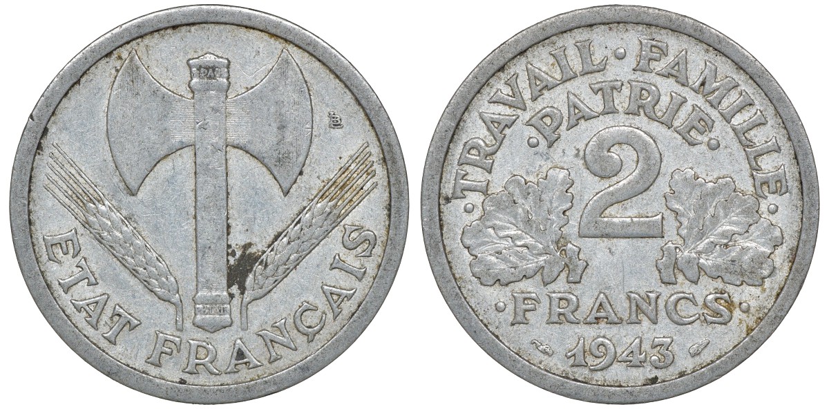 Франция 2 франка 1943 правительство Виши KM 904.1, Le Franc 270.2 алюминий 4163-651