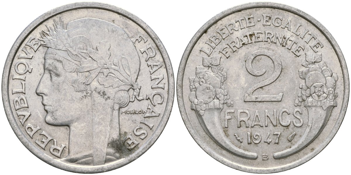 Франция 2 франка 1947 KM 886a, Le Franc 269.10 алюминий 51-3621