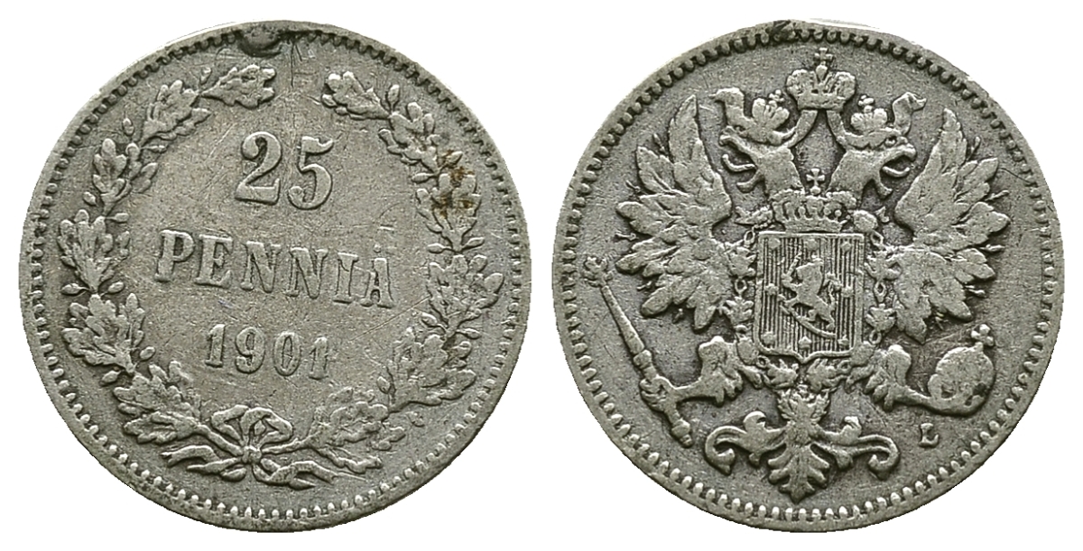РОССИЯ ДЛЯ ФИНЛЯНДИИ 25 ПЕННИ 1901 L, НИКОЛАЙ II KM 6.2, Биткин 412 серебро 4383-451