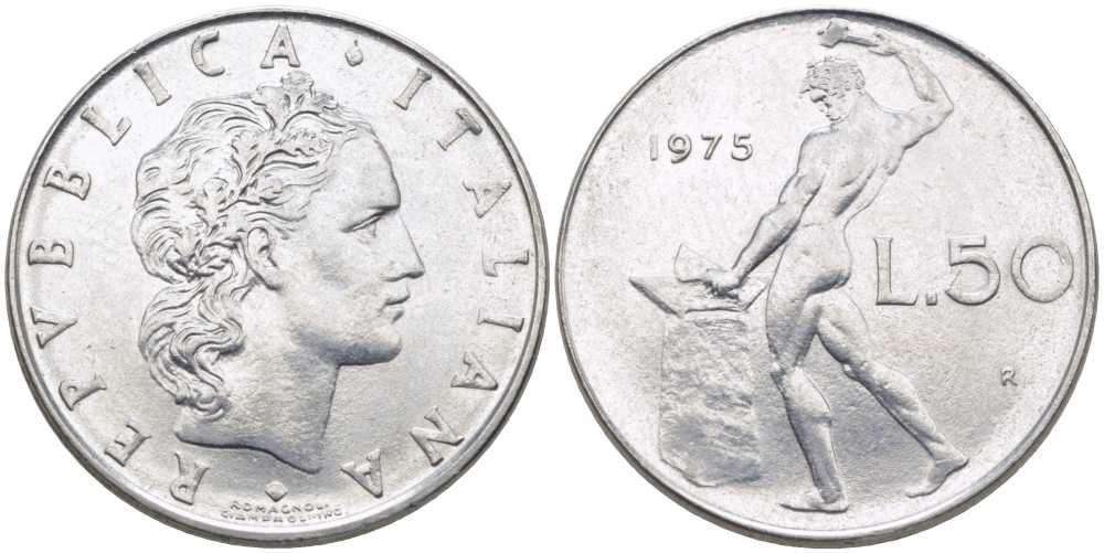 ИТАЛИЯ 50 ЛИР 1975 R, БОГ ОГНЯ ВУЛКАН У НАКОВАЛЬНИ KM 95.1 нержавеющая сталь 34-646