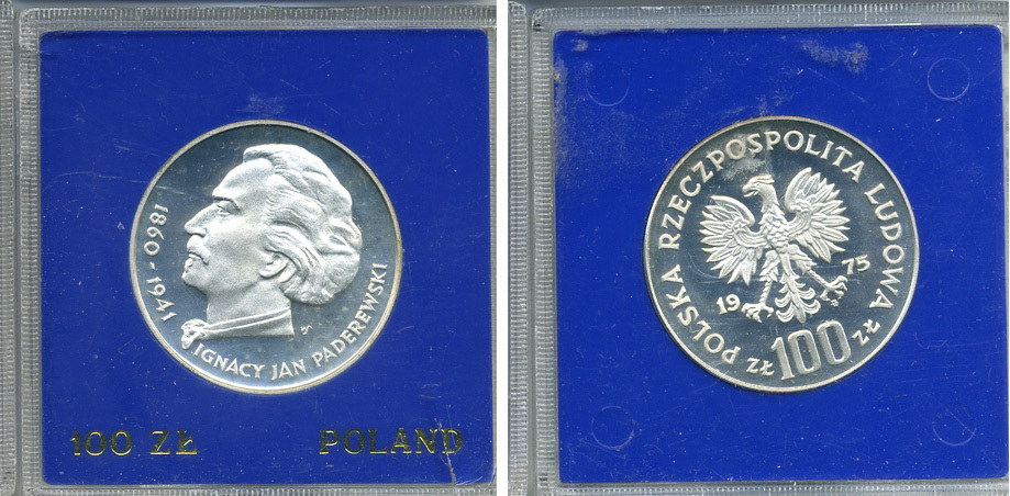 Польша 100 злотых 1975 MW, Игнаций Ян Падеревский (1860-1941), в оригинальной пластиковой упаковке KM 77, Parchimowicz 273 серебро PROOF 1069-2-13