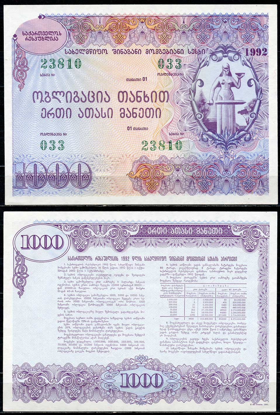 Грузия 1000 лари 1992 государственный внутренний выигрышный заем   бумага  aUNC 446-121-1